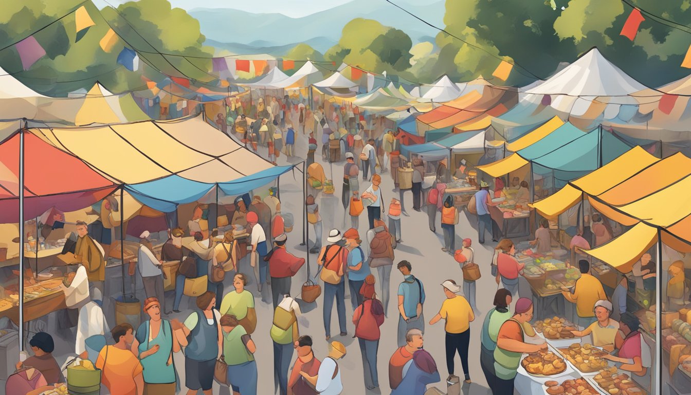 A bustling festival scene with colorful tents, food vendors, and wine tastings. A mix of German and Texan cuisine on display