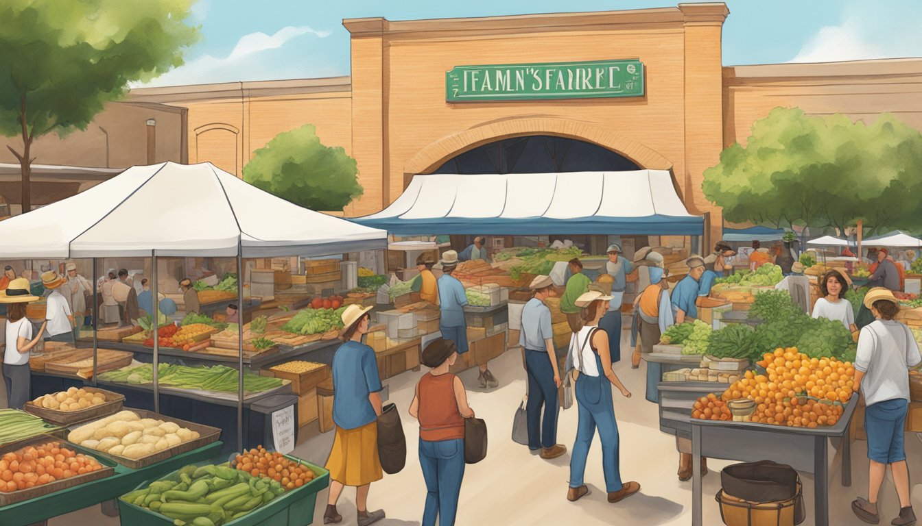 A bustling farmer's market in Texas, featuring a mix of traditional German-Texan cuisine and sustainable food initiatives