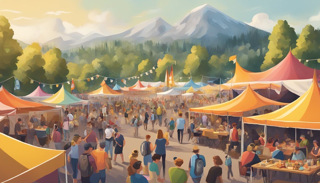 A bustling outdoor festival with traditional German food and beer, featuring colorful tents, live music, and people enjoying the cultural experience