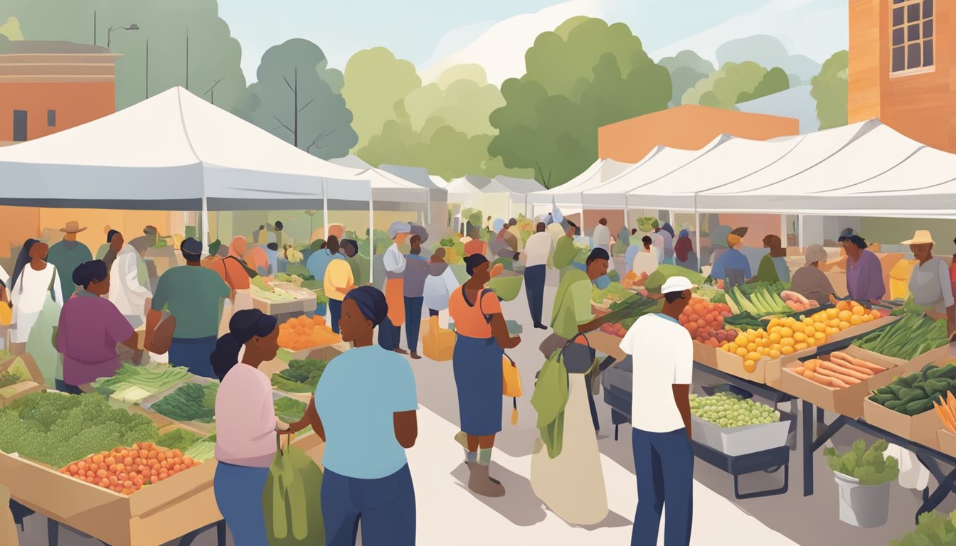 A bustling farmers market with diverse produce, local vendors, and community members engaging in discussions about sustainable food practices