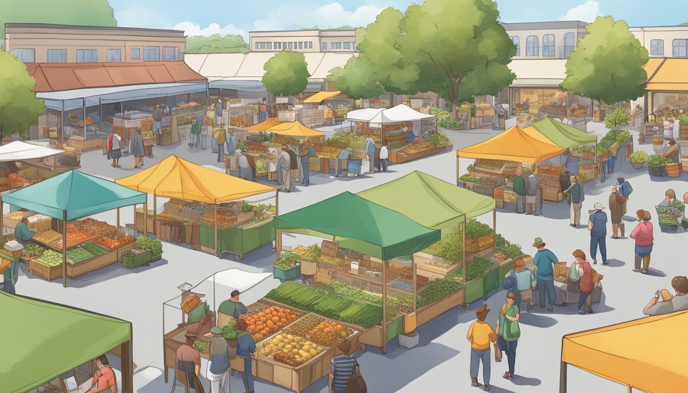 A bustling farmers market with vendors selling locally sourced German Texan food and promoting sustainability initiatives through interactive displays and educational materials