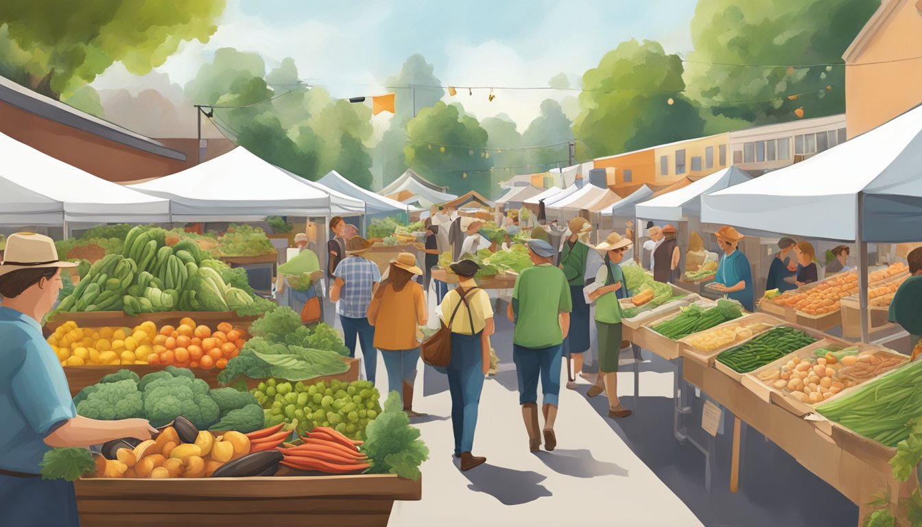 A bustling farmer's market with a mix of German and Texan food vendors, surrounded by green initiatives and sustainable practices