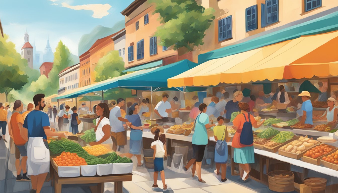 A bustling outdoor market featuring a mix of German and Texan cuisine, with artists collaborating on vibrant murals depicting the fusion of the two cultures