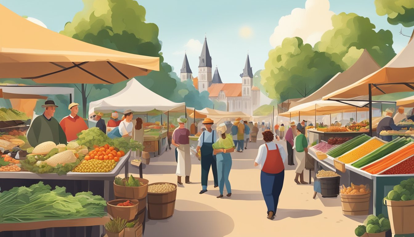 A bustling outdoor market with a mix of traditional German and Texan foods, surrounded by sustainable farming and food production initiatives