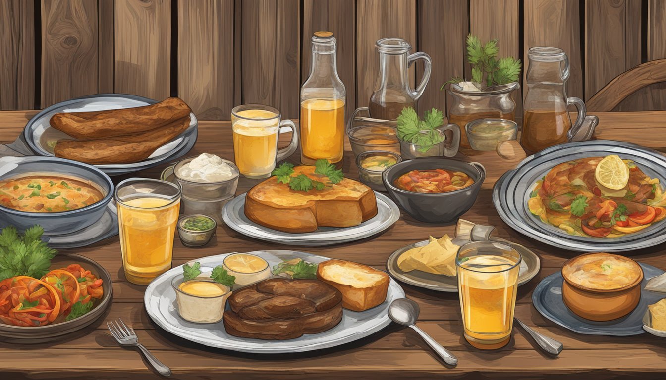 A rustic table set with traditional German Texan dishes surrounded by artwork reflecting the fusion of German and Texan cultural heritage