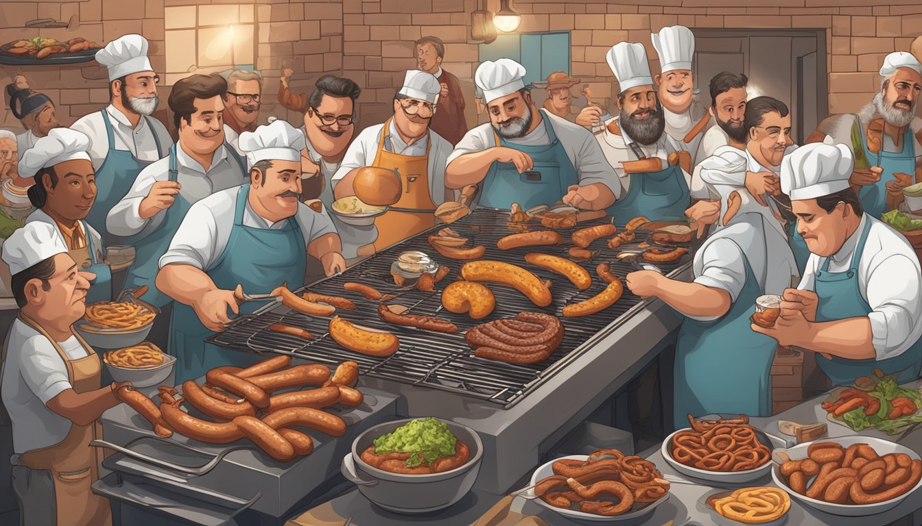 A Texas barbecue pit with German sausages and pretzels, surrounded by celebrity chefs experimenting with fusion recipes