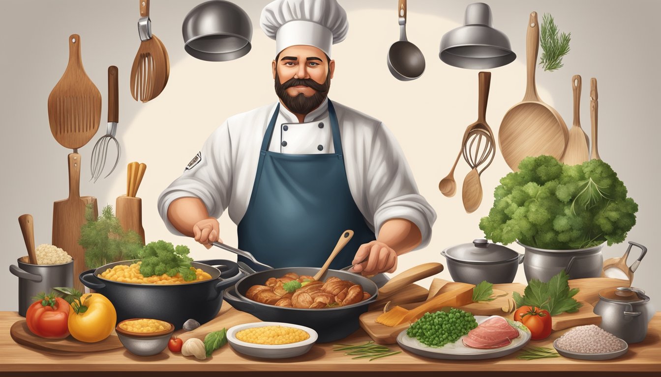 A Texan chef incorporating German culinary techniques into a dish, surrounded by traditional German ingredients and cooking tools