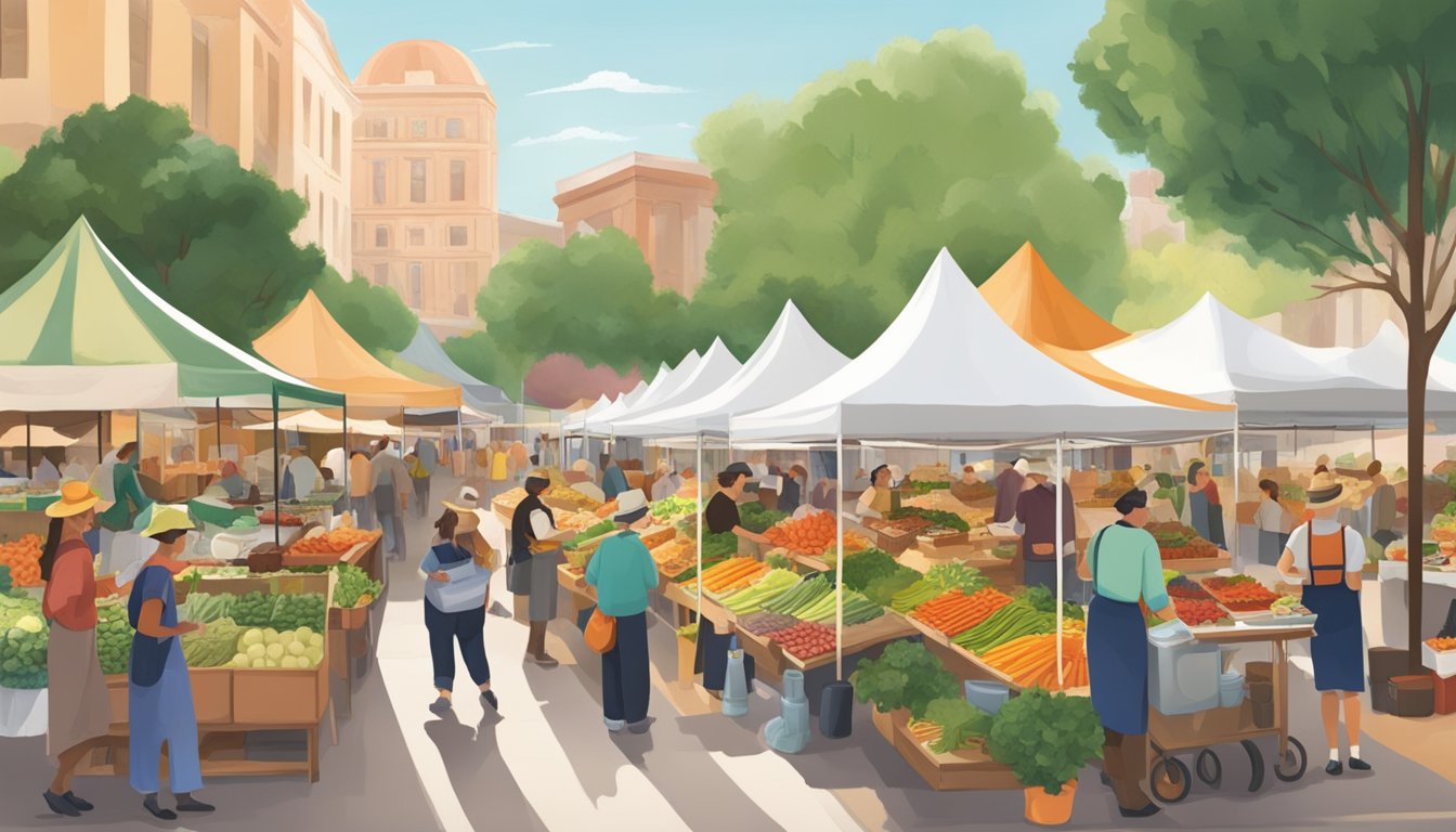 A bustling Texas farmer's market with vendors selling traditional German vegetarian and vegan dishes alongside Texan cuisine