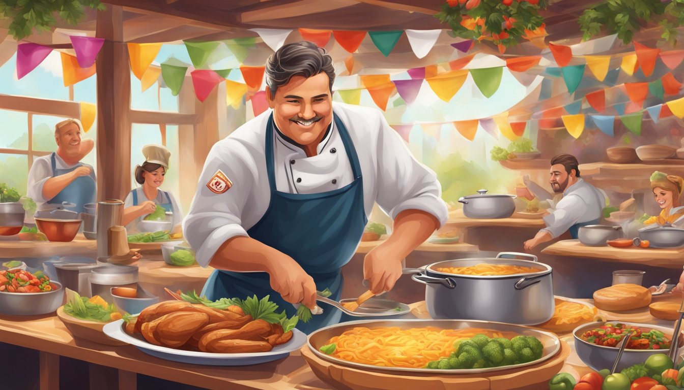 A Texas celebrity chef preparing traditional German dishes at a cultural festival, surrounded by colorful decorations and lively music