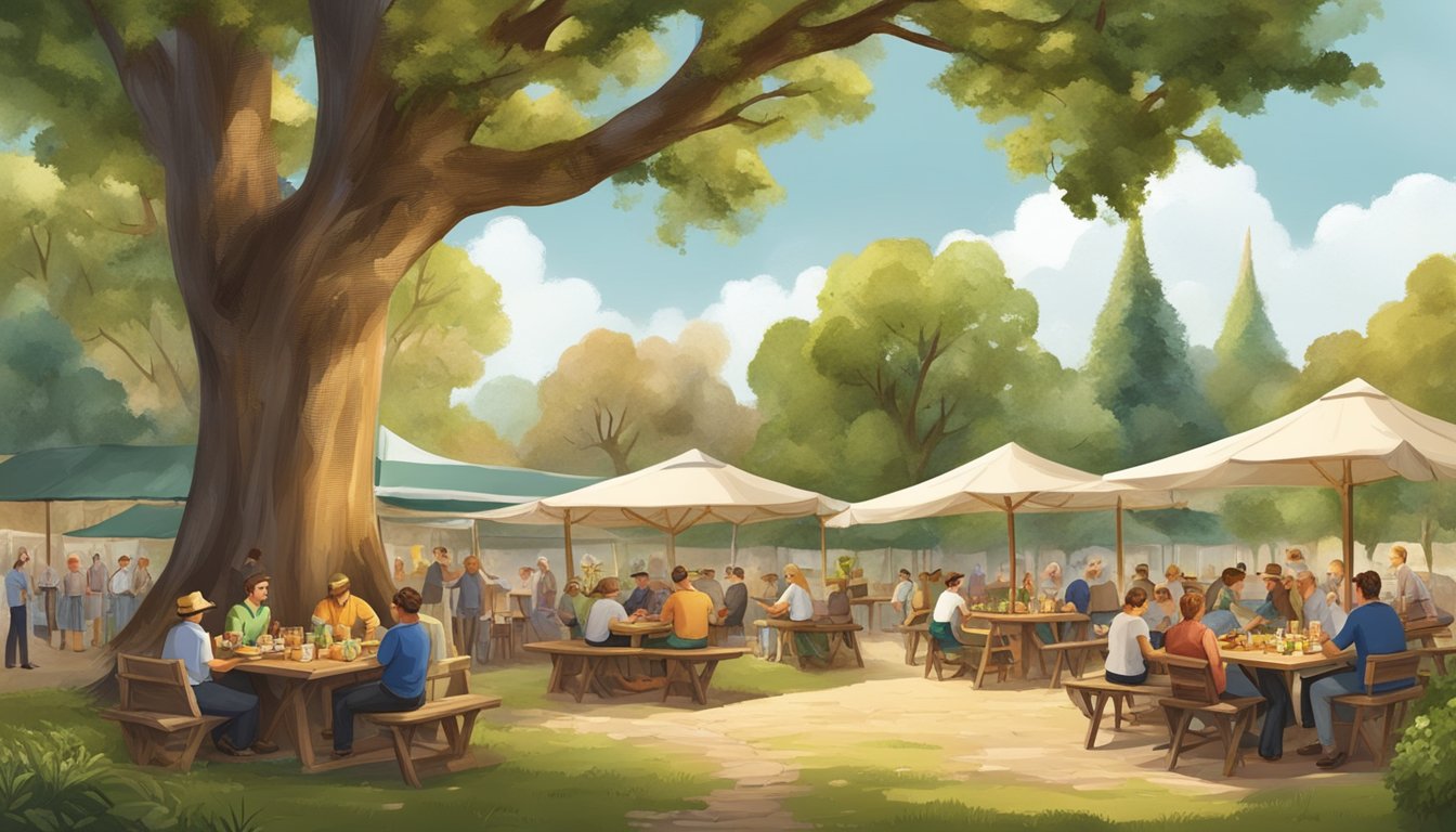 A traditional German beer garden with Texas-inspired vegetarian and vegan dishes being served under a large oak tree