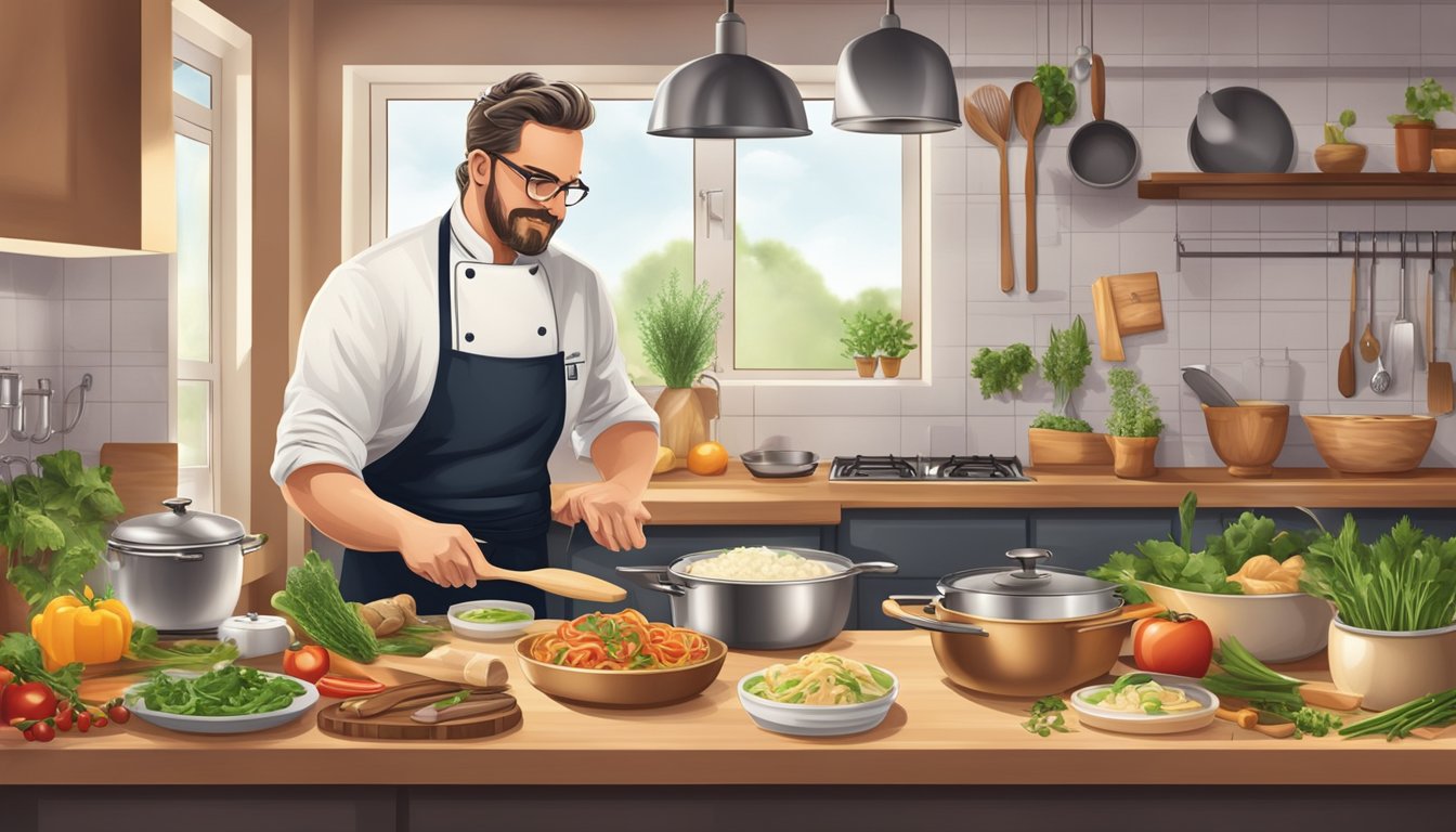 A Texas celebrity chef cooking traditional German dishes in a modern kitchen, surrounded by ingredients and utensils