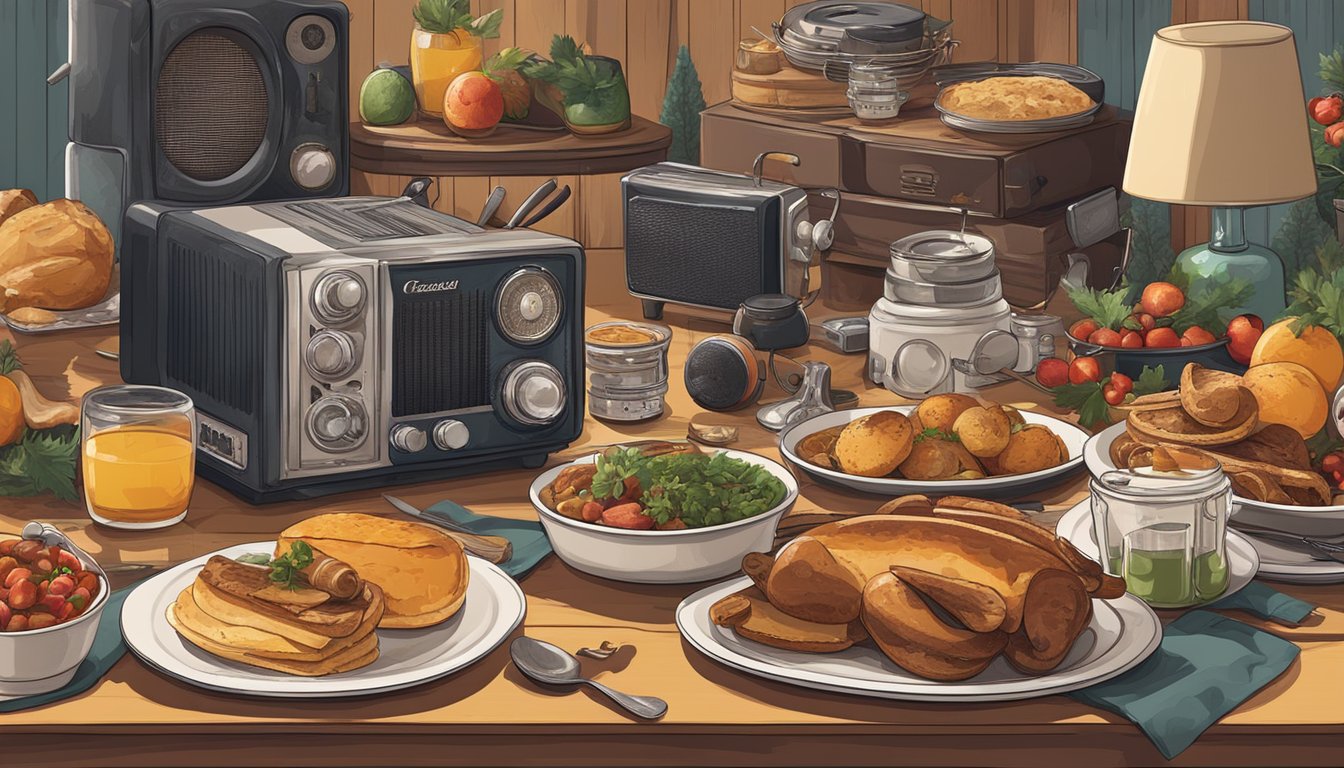 A festive table spread with traditional German Texan dishes, surrounded by vintage radios and recording equipment