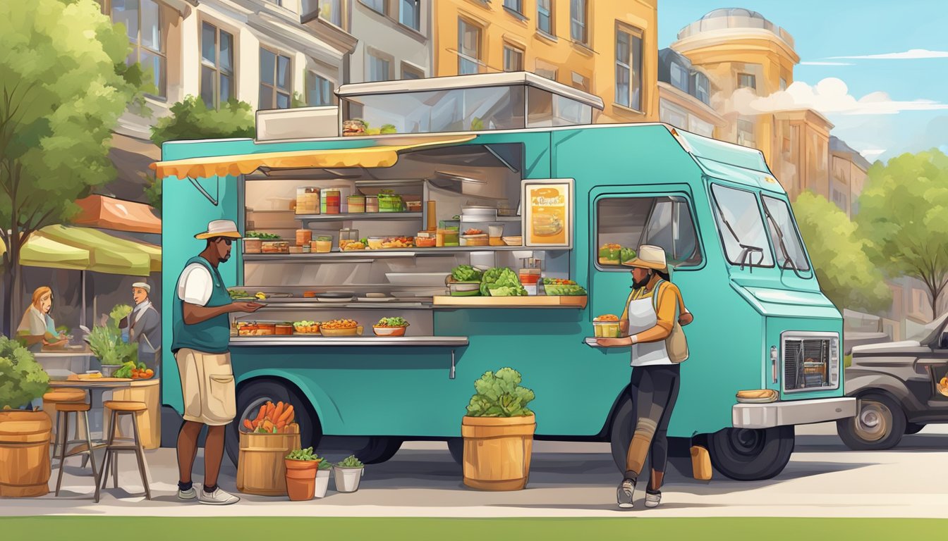 A bustling food truck with a mix of traditional German and Texan elements, serving up a variety of vegetarian and vegan dishes with a fusion twist