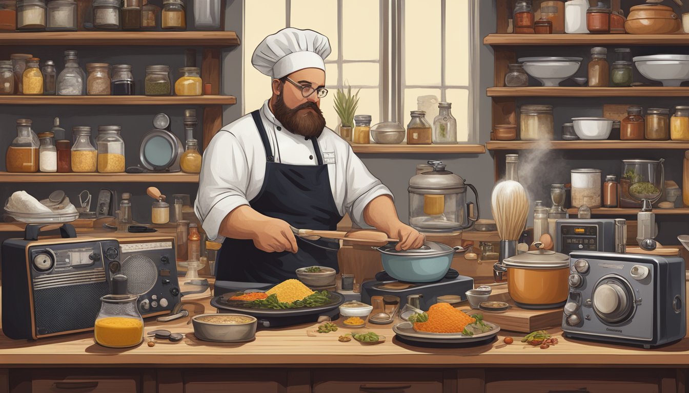 A German Texan chef blending traditional German and Texan ingredients, surrounded by vintage radios and recording equipment