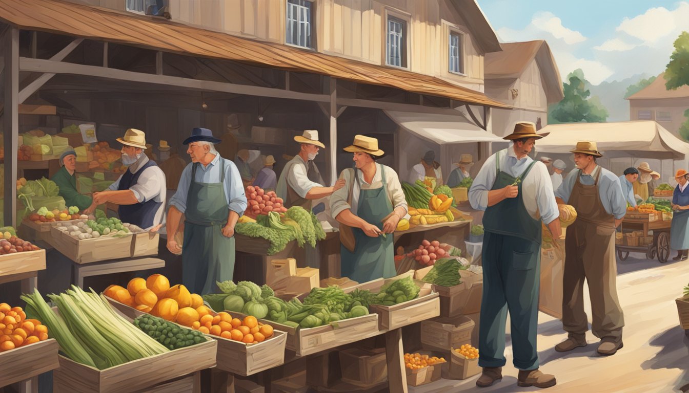 A bustling market scene with German Texan farmers selling produce and exchanging goods in a cooperative setting