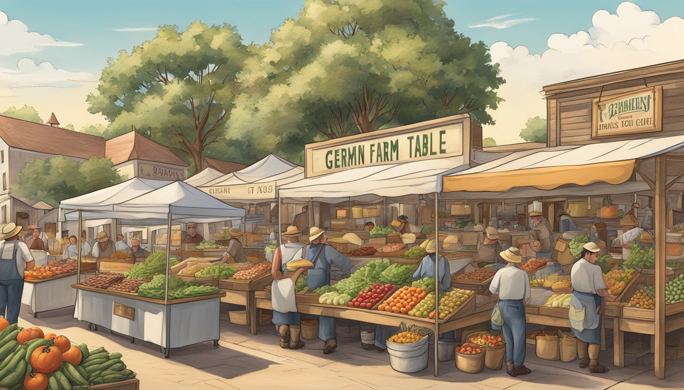 A bustling farmers' market in Texas, with vendors selling fresh produce and meats, while a sign proudly displays "German-inspired farm to table cuisine."