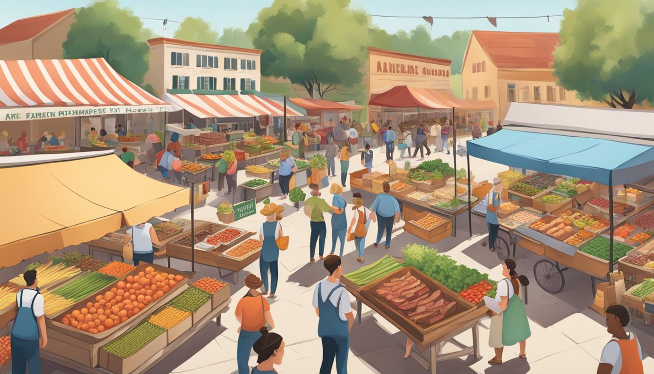 A bustling farmers' market in Texas, with vendors selling fresh produce and meats, while showcasing German-inspired farm-to-table dishes