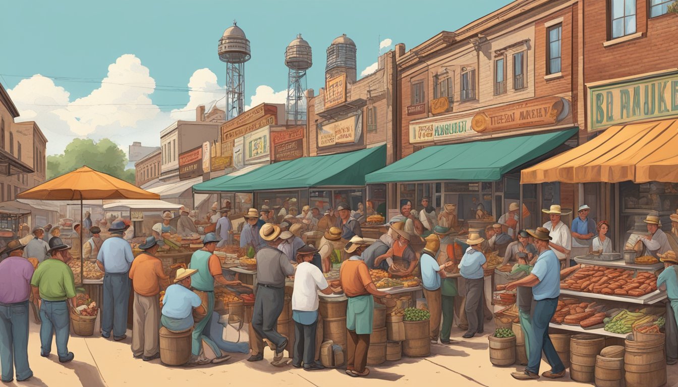 A bustling Texas market with German immigrants selling sausages, beer, and pretzels alongside Texan barbecue and Tex-Mex cuisine