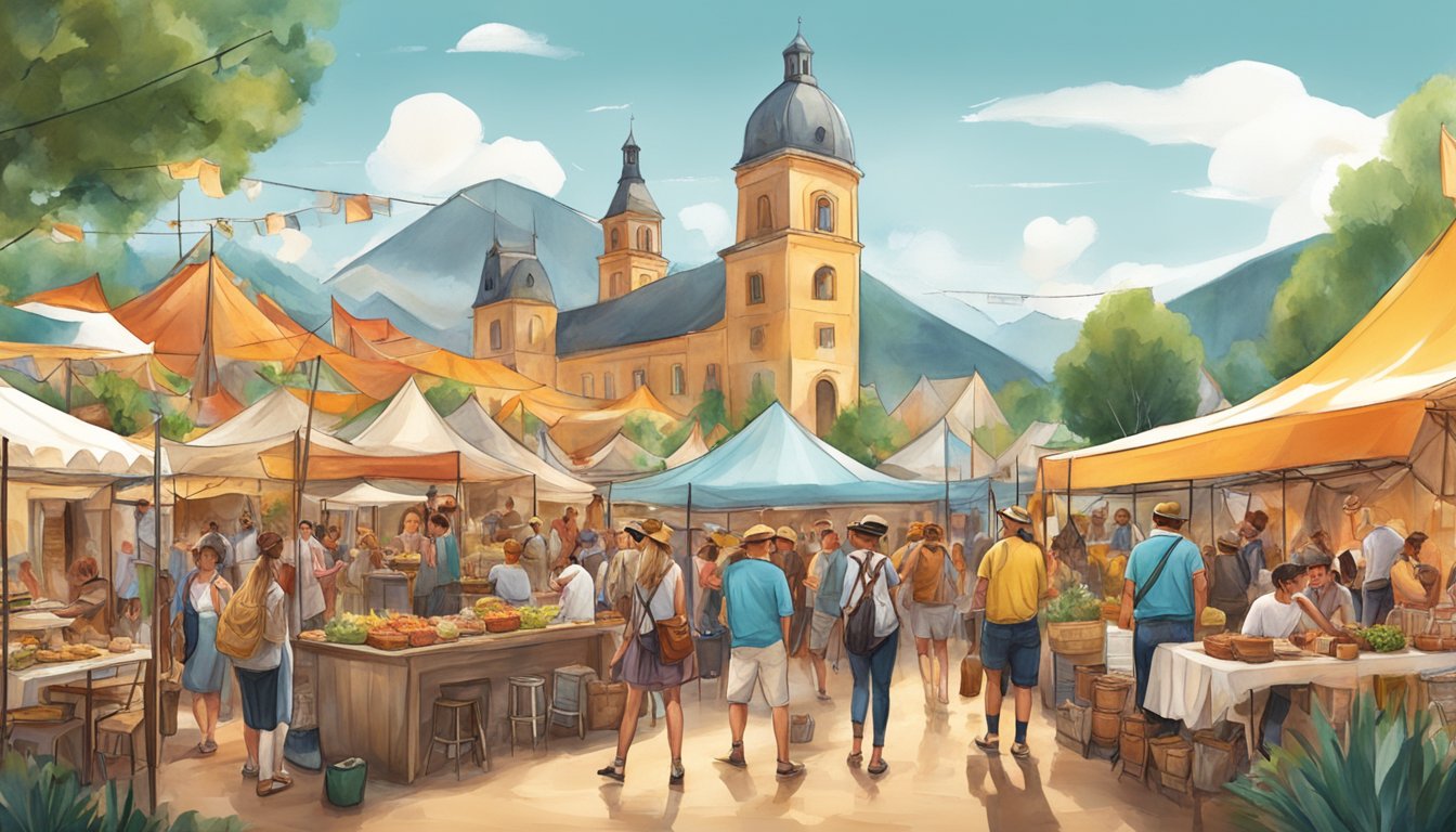 A lively outdoor festival with traditional German and Texan cuisine and fashion vendors showcasing their collaborative creations