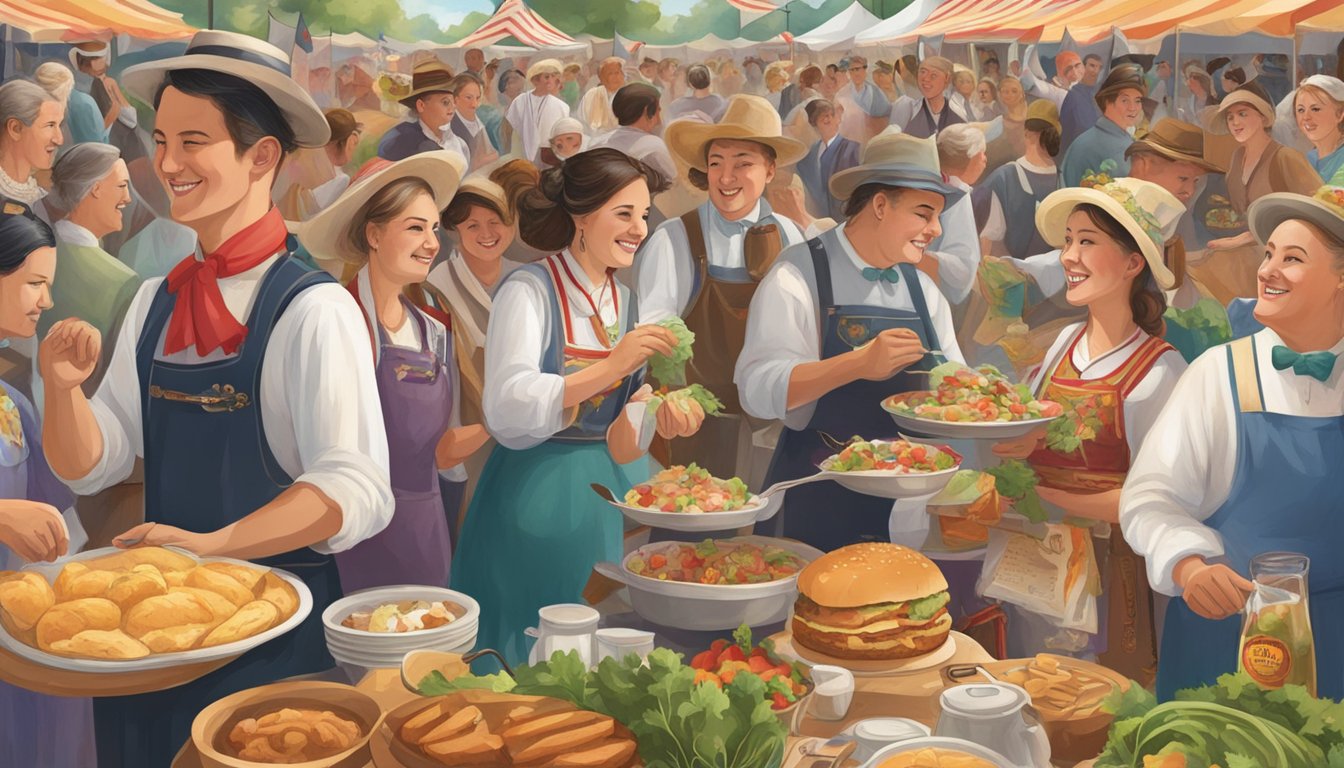 A bustling festival scene with German-inspired food, music, and traditional costumes, showcasing the influence of German immigrants on Texas culinary tourism