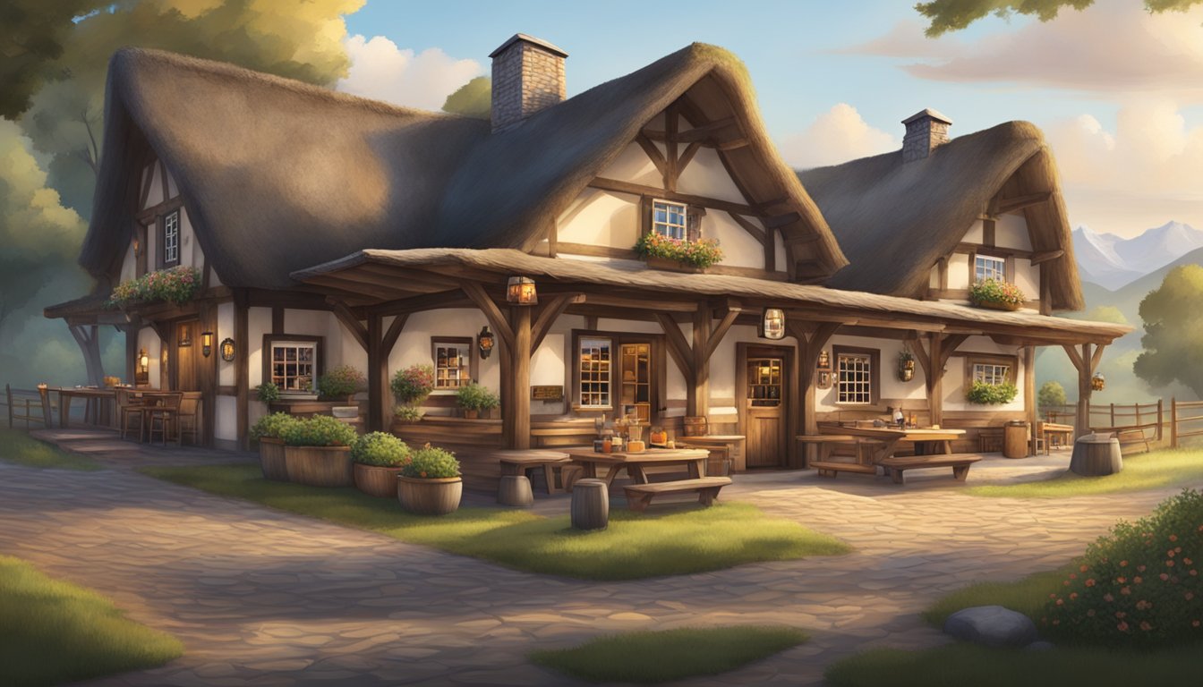 A rustic German Texan tavern with timber-framed architecture, a thatched roof, and a welcoming beer garden nestled in a picturesque countryside setting