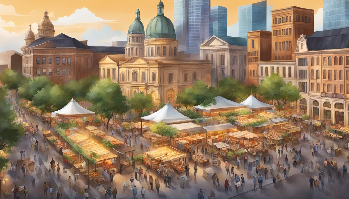 A bustling Texas food festival with German-inspired dishes and traditional music, surrounded by historic buildings and modern culinary innovations