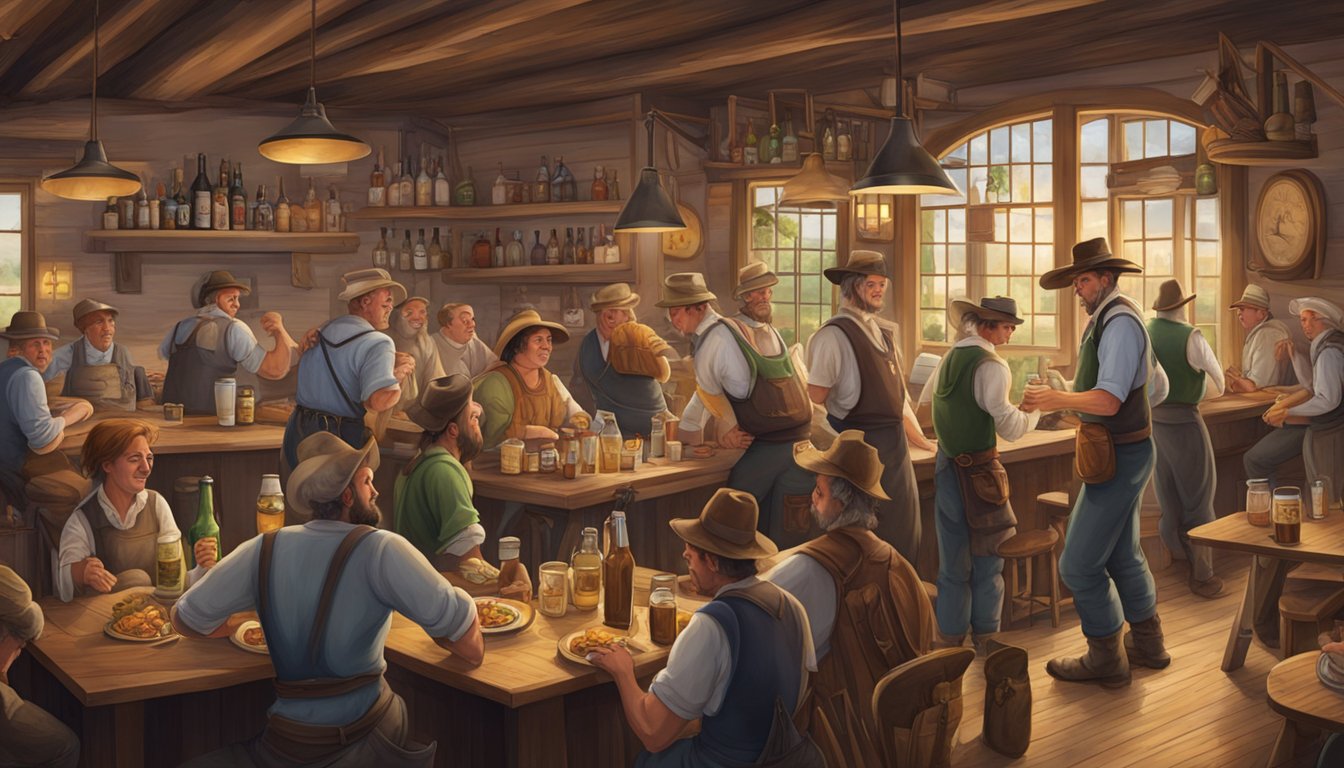 A bustling German Texan tavern with farmers trading goods and enjoying hearty meals and beer