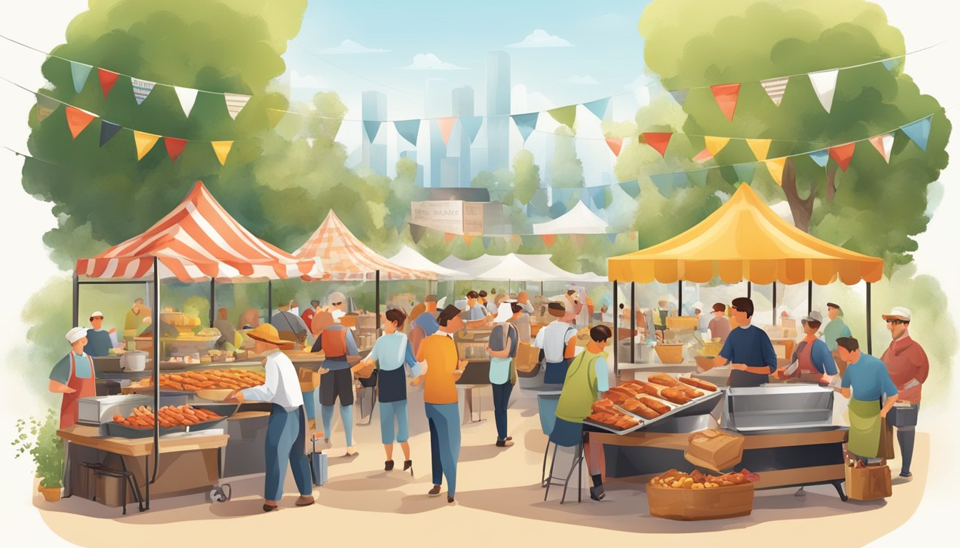 A bustling outdoor food festival with a mix of traditional German and Texan dishes being served at various food stalls. The aroma of sausages, BBQ, and freshly baked bread fills the air