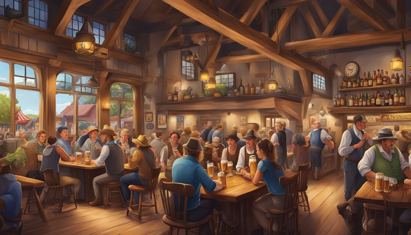 A bustling German Texan tavern with traditional architecture, beer steins, and lively tourists enjoying live music and hearty meals