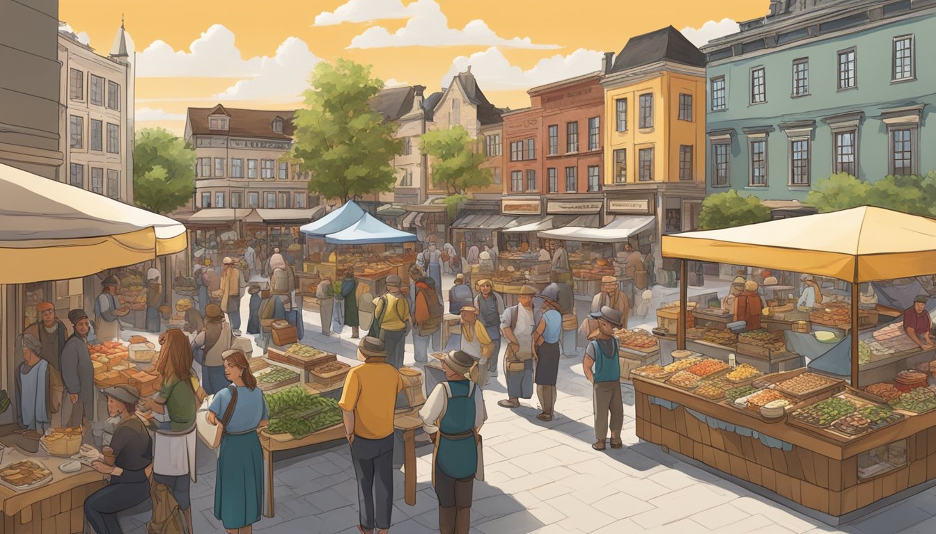 A bustling market square filled with vendors selling traditional German Texan cuisine, while in the background, a theater showcases collaborative performances blending German and Texan culture