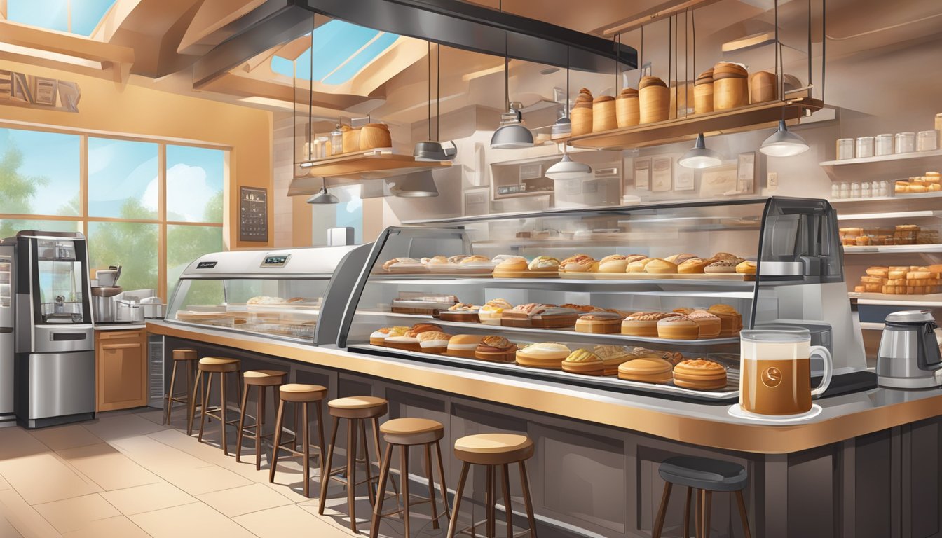 A bustling German Texan bakery cafe with modern and futuristic elements, featuring traditional pastries and high-tech coffee brewing equipment