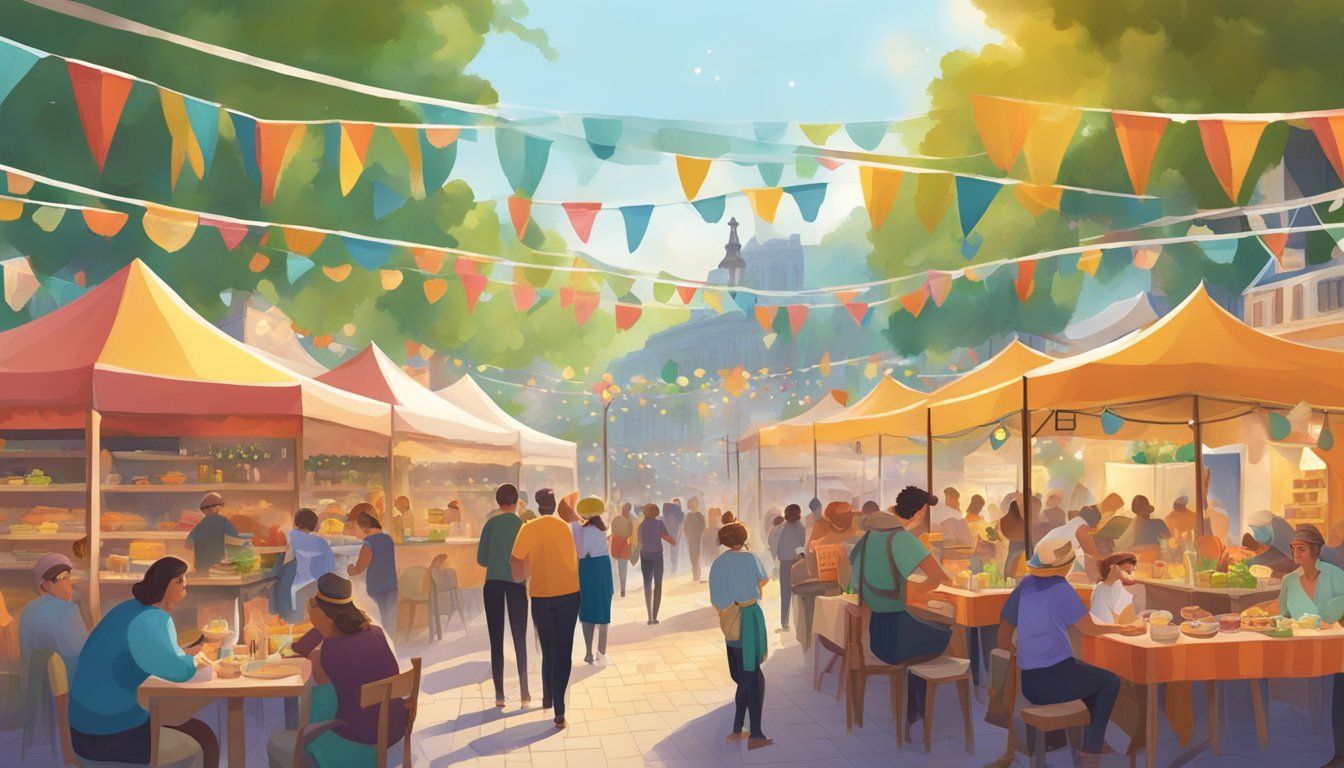 A lively outdoor festival with colorful food stalls, traditional German-Texan dishes, and literary readings under a canopy of festive decorations