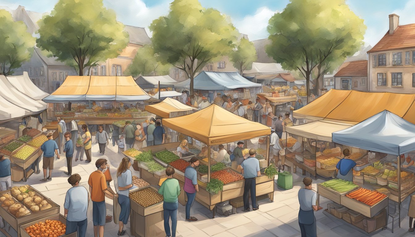 A bustling outdoor market with German Texan food vendors and a stage for literature events