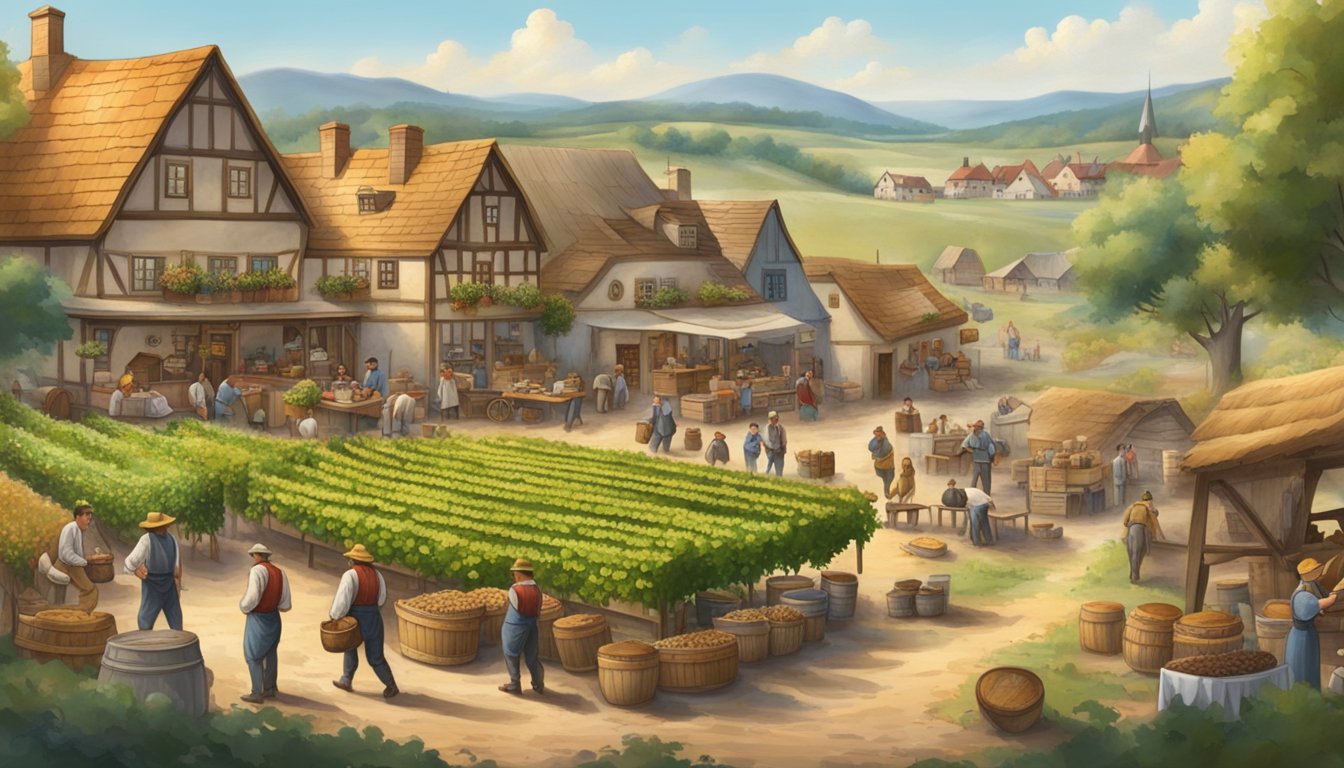 A bustling German settlement in Texas, with farmers tending to vineyards, breweries crafting beer, and bakers baking traditional German bread and pastries