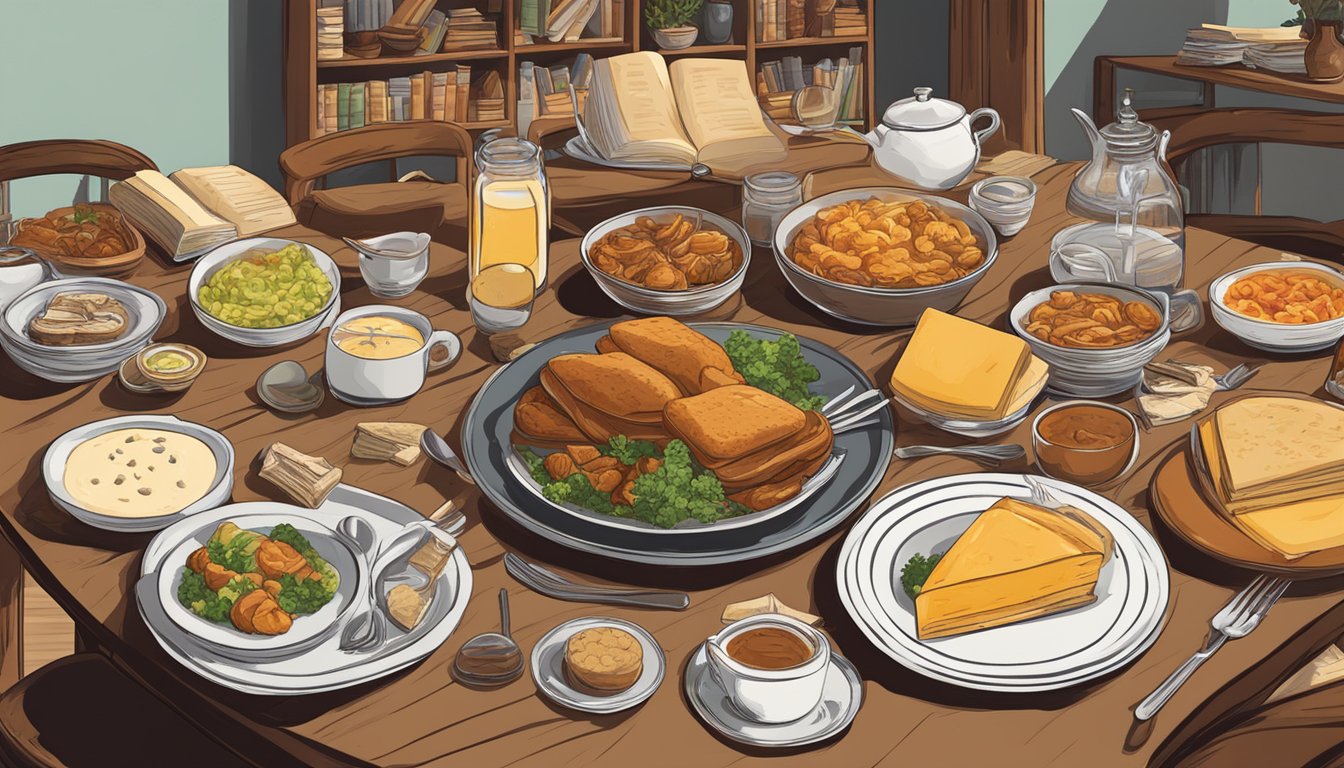 A table set with German-Texan dishes surrounded by books and posters for literary events