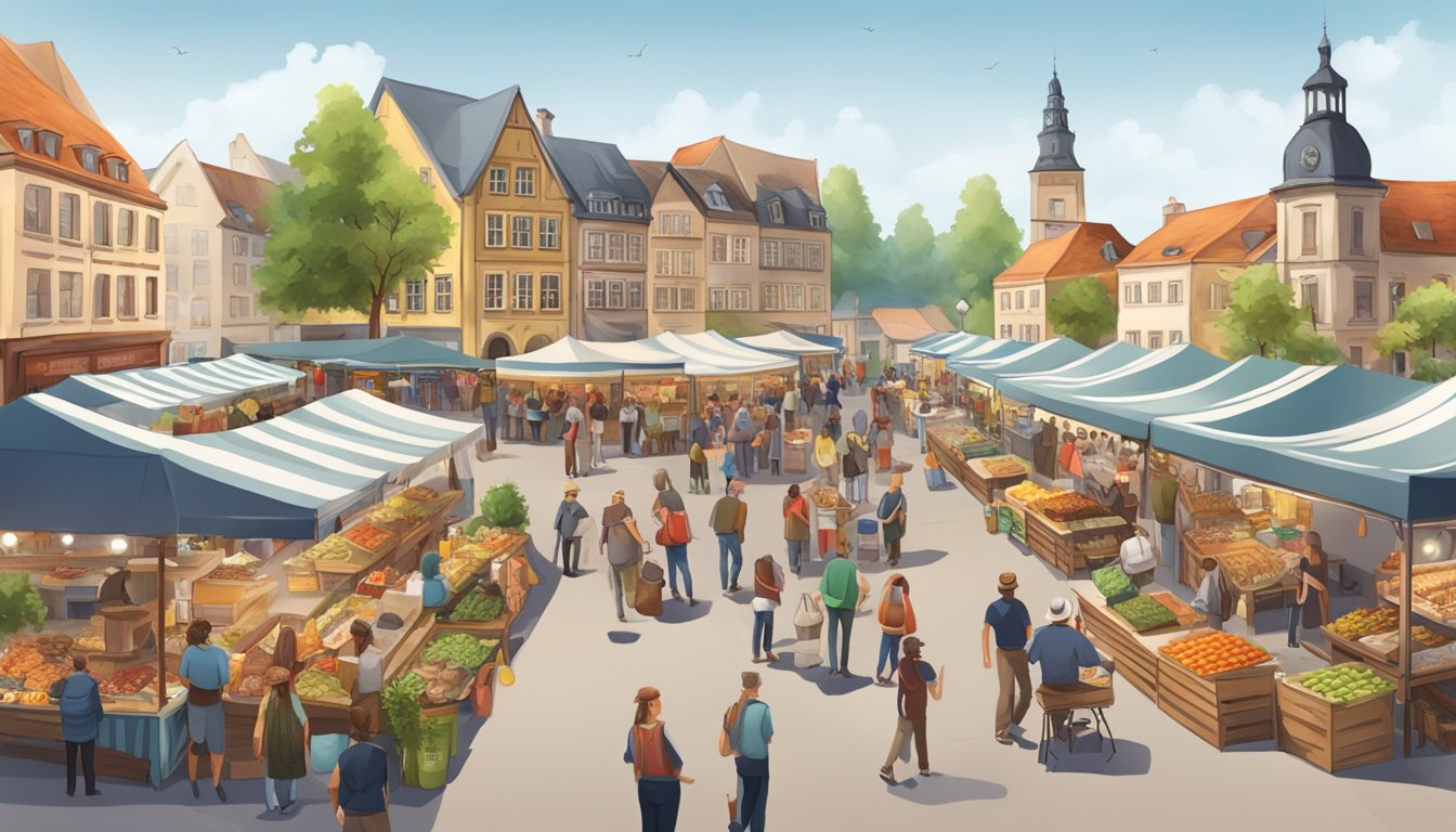 A bustling outdoor market with traditional German Texan food stalls and a stage for literature events