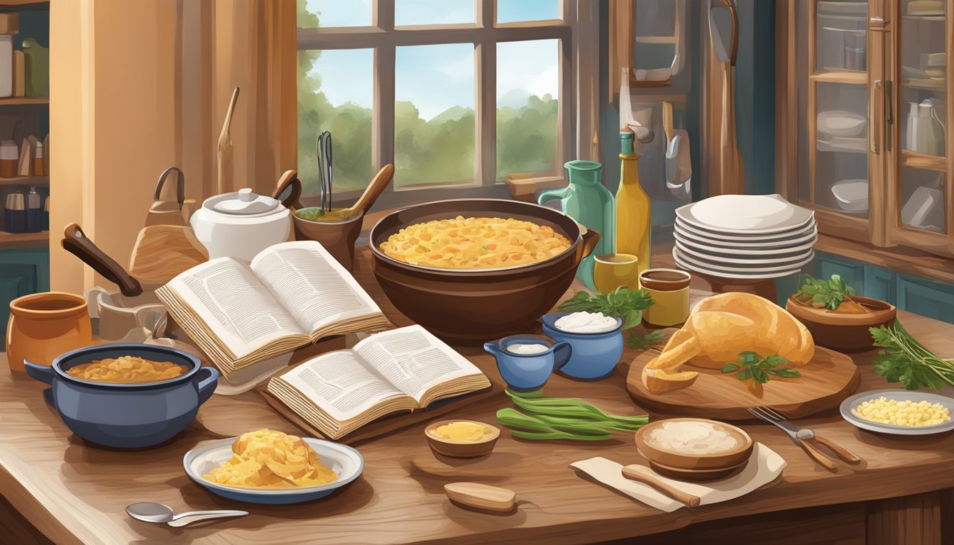 A table set with traditional German Texan cookbooks and culinary literature, surrounded by ingredients and cooking utensils