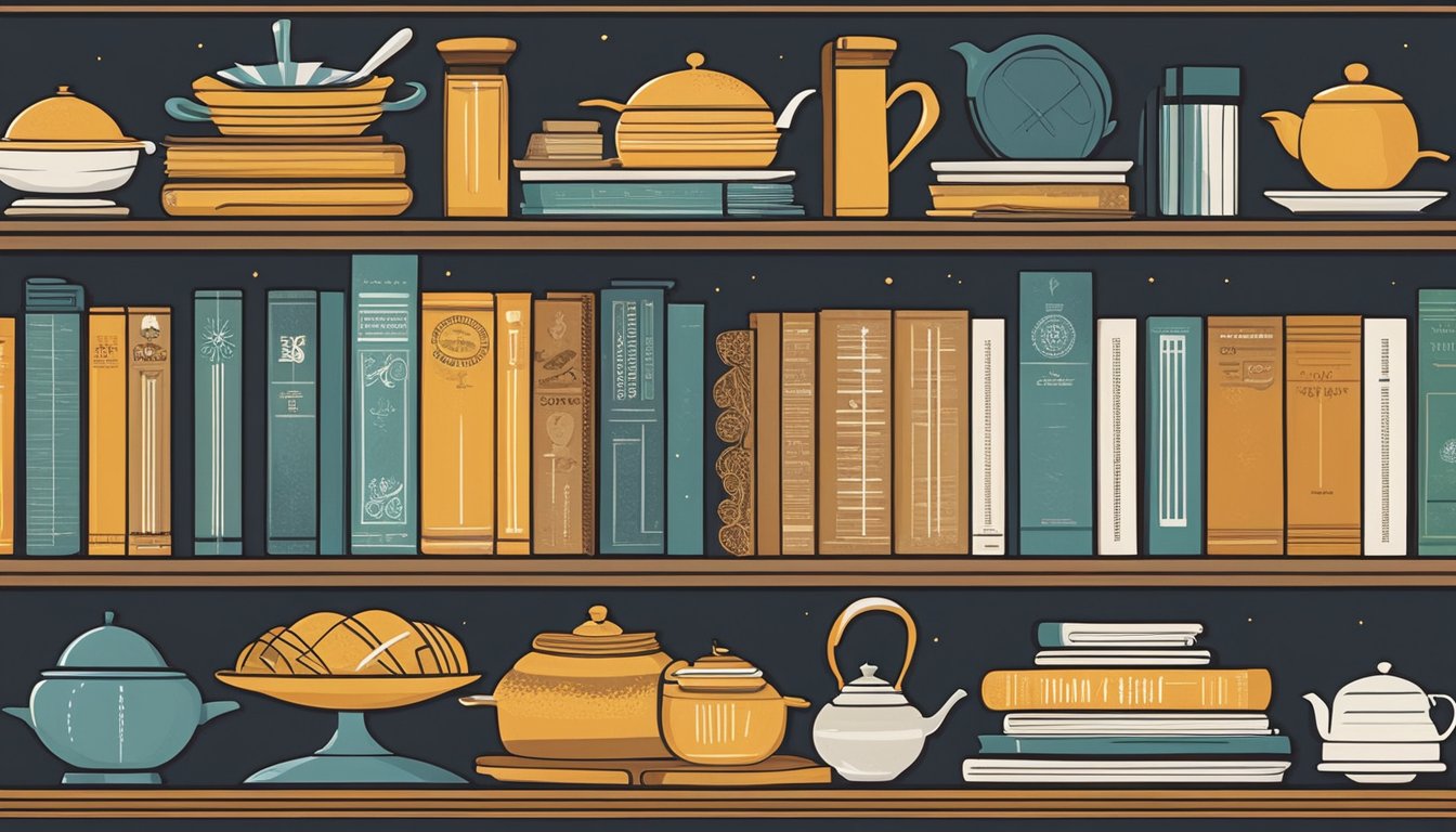 A collection of vintage German Texan cookbooks and culinary literature displayed on a modern bookshelf in a well-lit room