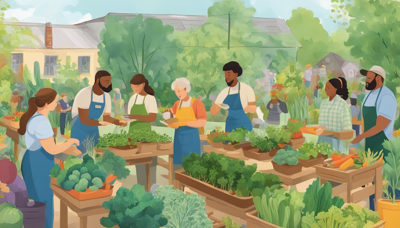 A group of people gather in a garden, learning about German Texan food and gardening in a workshop setting. The scene is filled with colorful vegetables and herbs, and the participants are engaged in hands-on activities