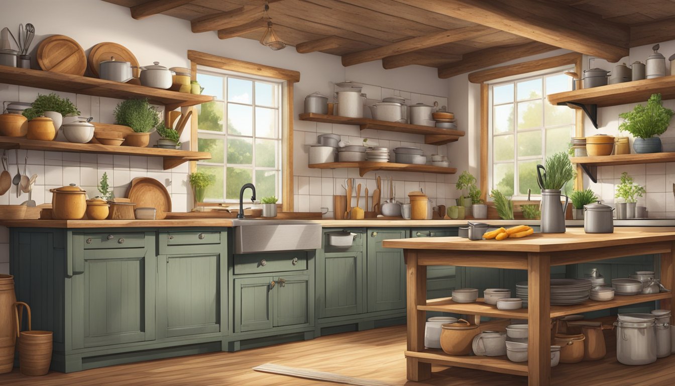 A rustic kitchen with a mix of German and Texan cookbooks, pots, pans, and ingredients scattered across the countertops