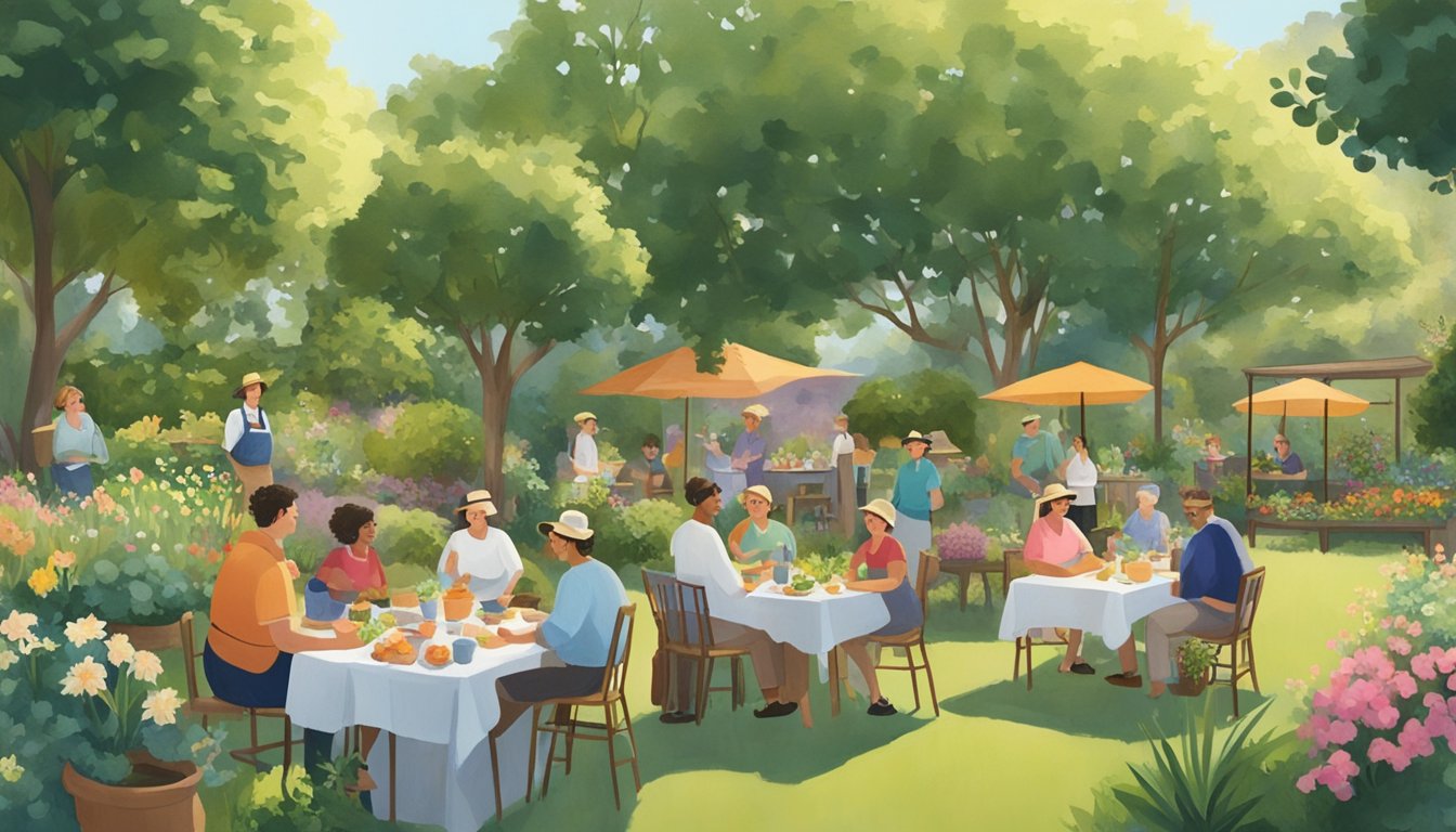 A group of people gather in a lush garden, learning about German Texan food and gardening techniques. The workshop is held in a picturesque setting, surrounded by blooming flowers and thriving plants