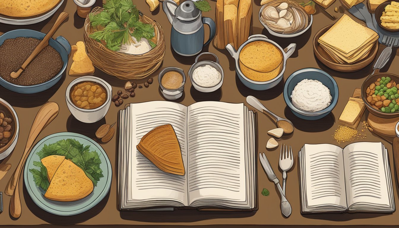 A table spread with German-Texan cookbooks, surrounded by traditional ingredients and utensils