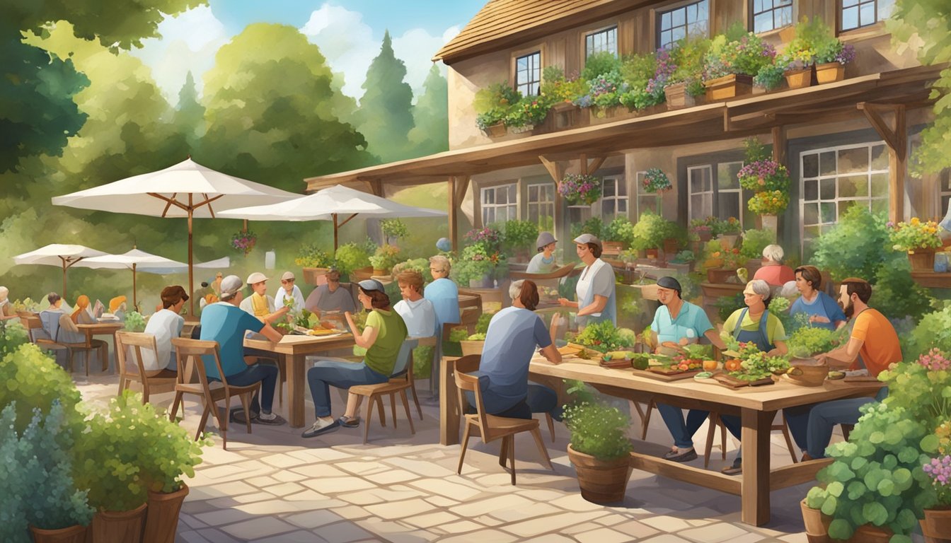 A rustic outdoor dining area with a mix of German and Texan food, surrounded by lush garden beds and people participating in gardening workshops