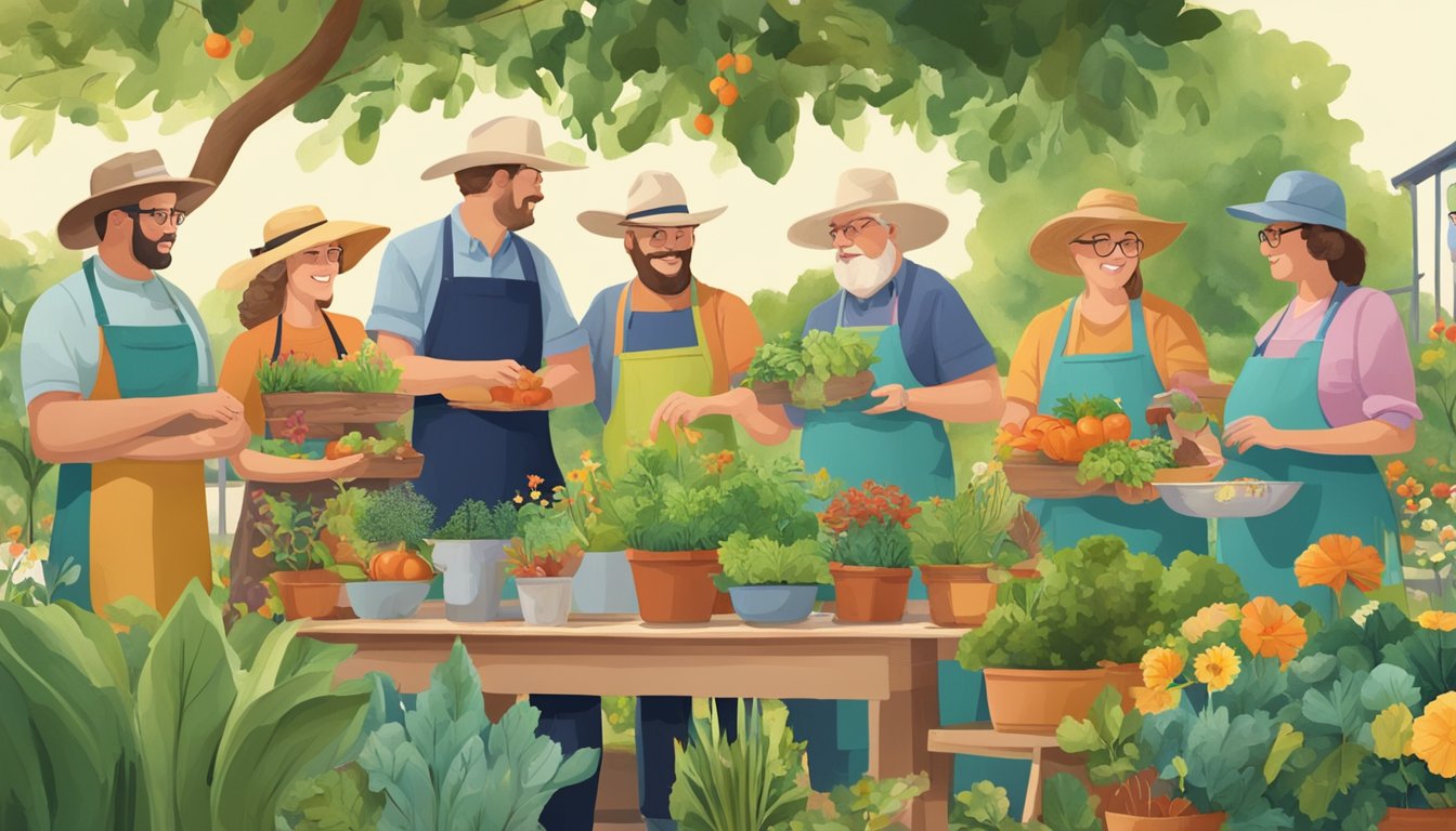 A group of people gather in a vibrant garden, surrounded by Texan and German food. They engage in language and educational programs, learning about gardening and culinary techniques