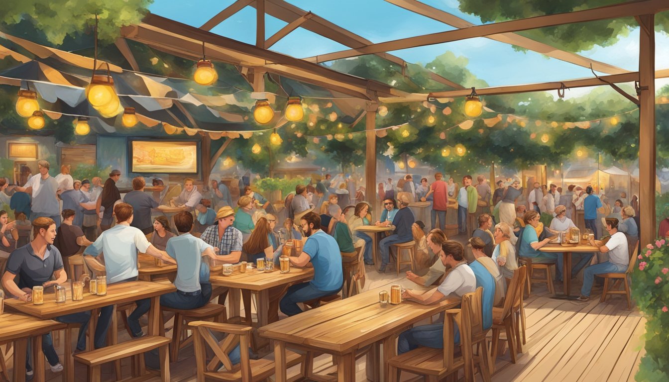 A lively beer garden with long wooden tables, serving traditional German and Texan dishes, accompanied by live music