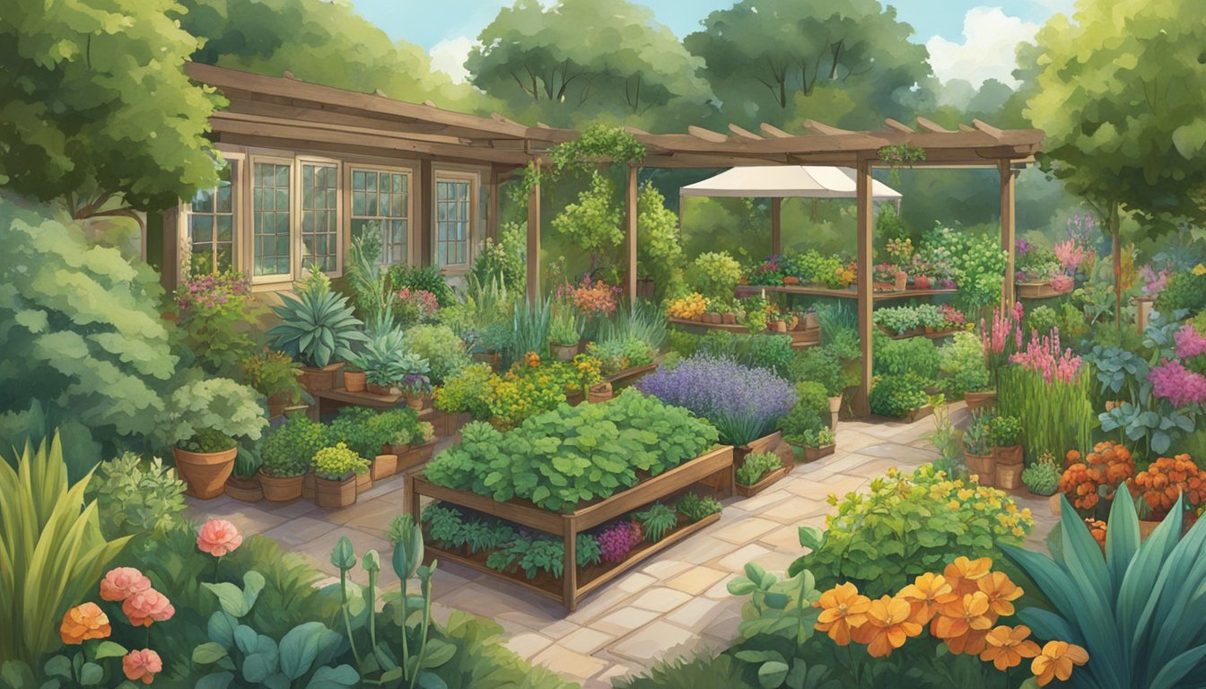 A lush garden filled with a variety of German-Texan plant life, surrounded by workshop stations for food and gardening