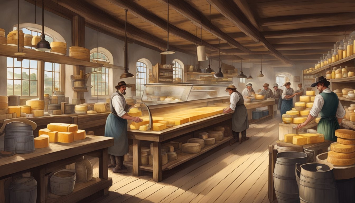 A bustling German Texan cheese shop and creamery in the 19th century, with workers crafting and selling various dairy products