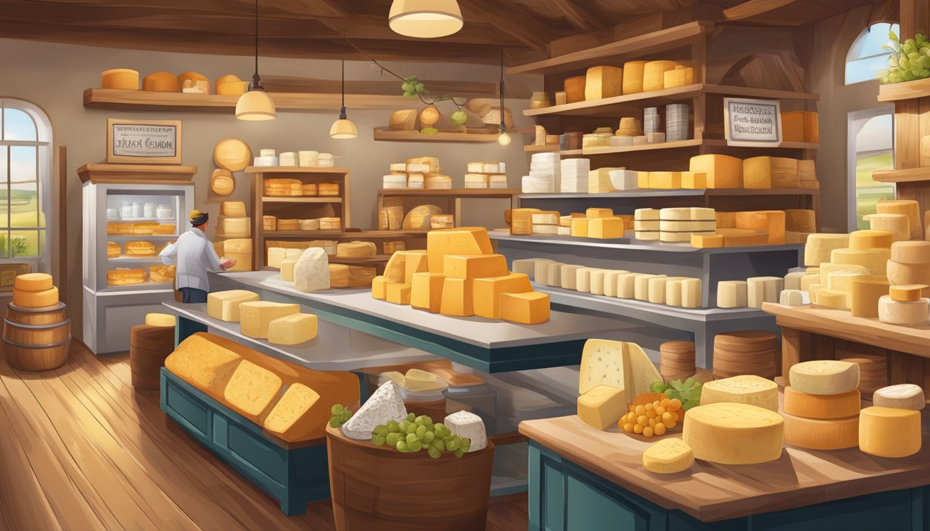 A bustling German Texan cheese shop with traditional decor and a variety of cheeses and dairy products on display