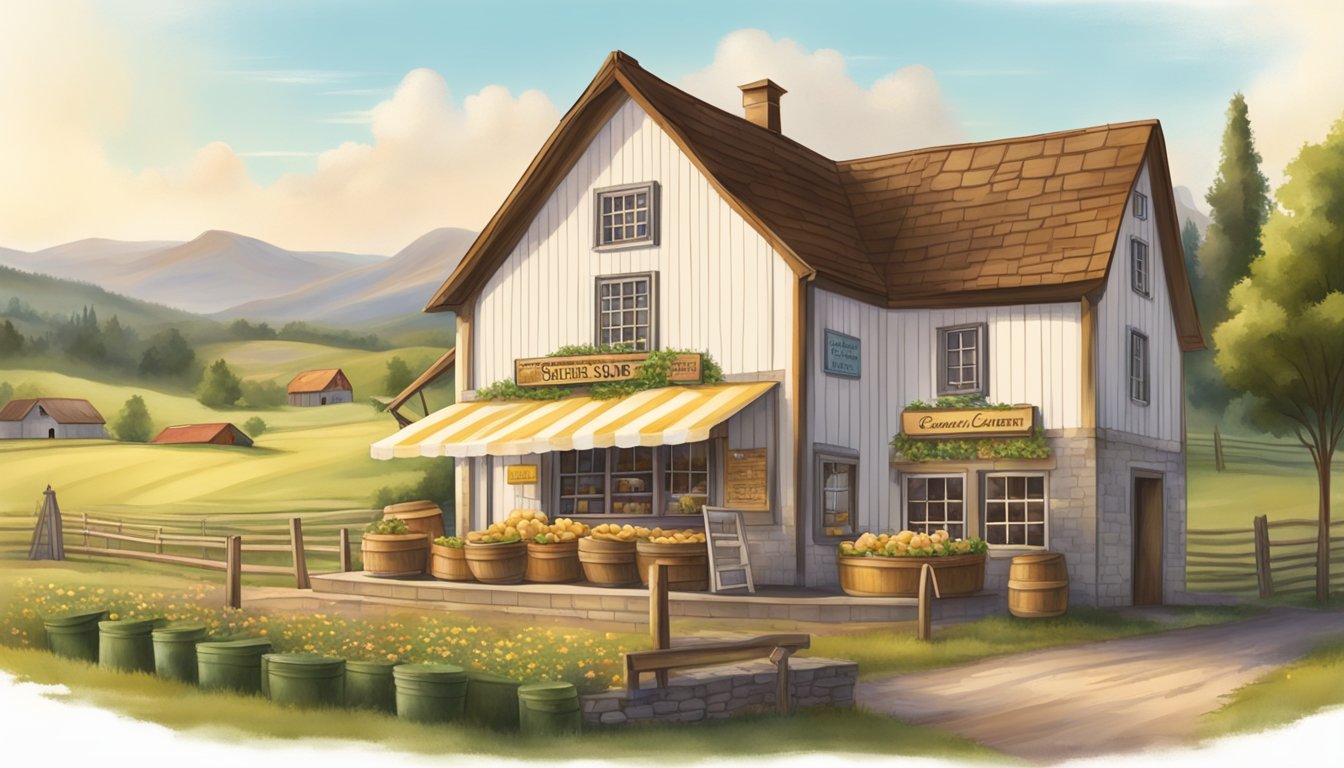 A quaint German Texan cheese shop nestled in a scenic countryside, with a historic creamery building in the background