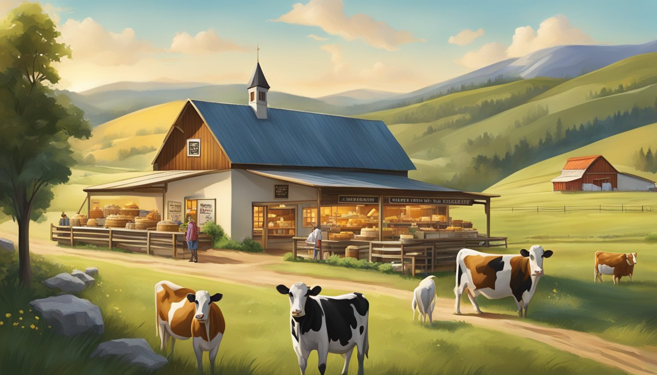 A bustling German Texan cheese shop with a traditional creamery in the background, surrounded by rolling hills and grazing dairy cows